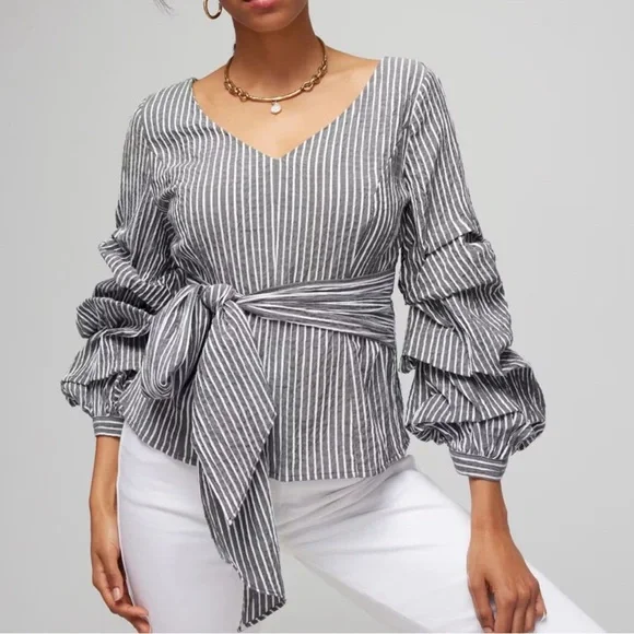 WHBM White House Black Market Blouse Top Popover Knit Seersucker Striped‎ Cotton - Picture 7 of 7